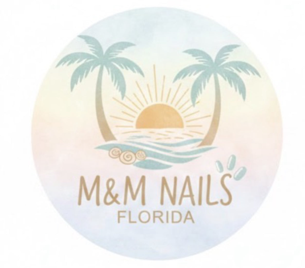 Logo of M&M Nails Florida with palm trees and a sun.